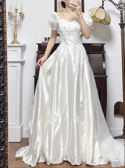 Ivory Vintage Off‑Shoulder 3D‑Floral‑Lace Satin A‑Line Soft Train Wedding Dress gh8788