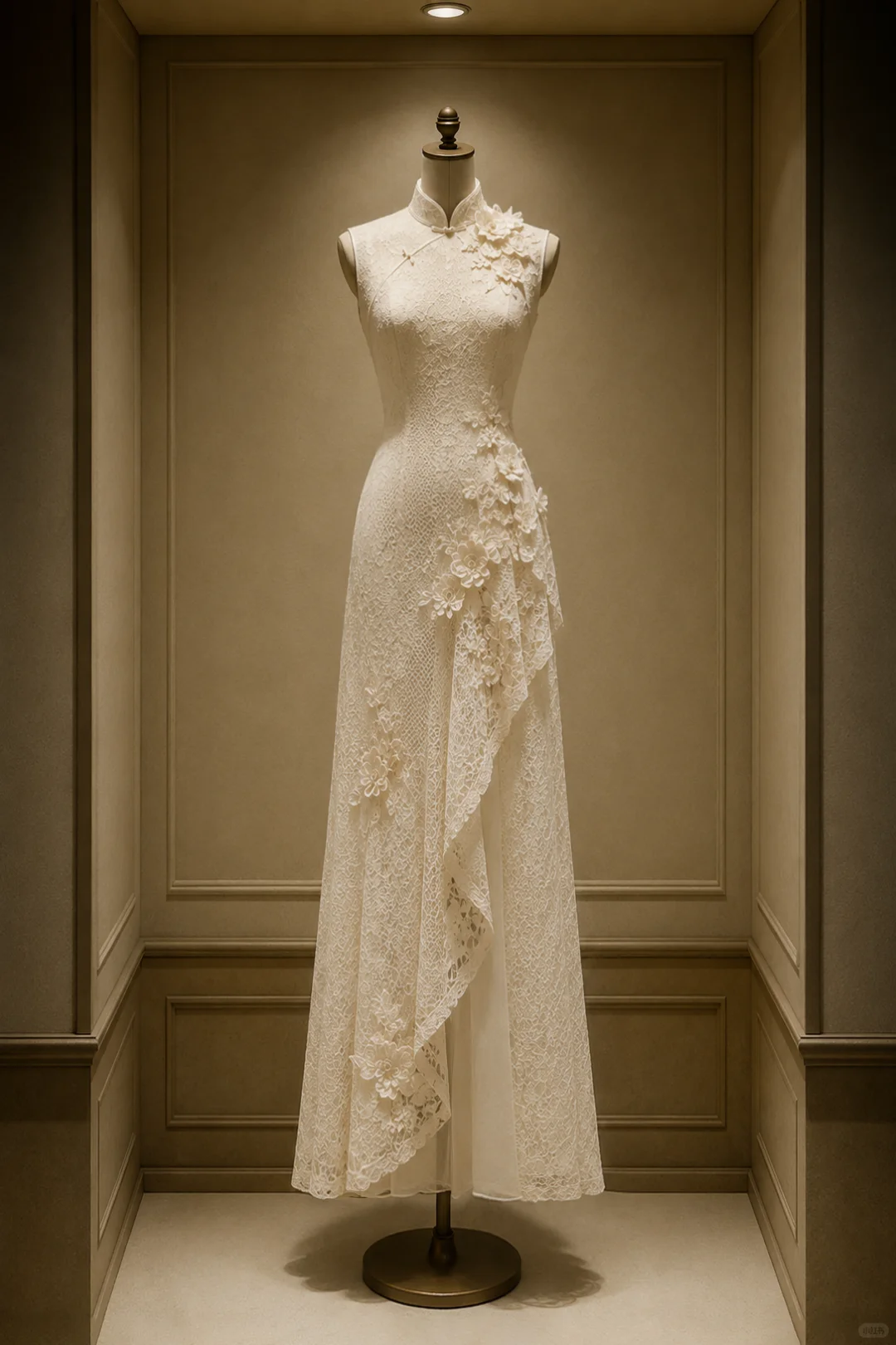 ✨Girlhomeshops-Cream White Lace 3D Floral Asymmetric Ruffle Sleeveless Qipao Cheongsam gh10399