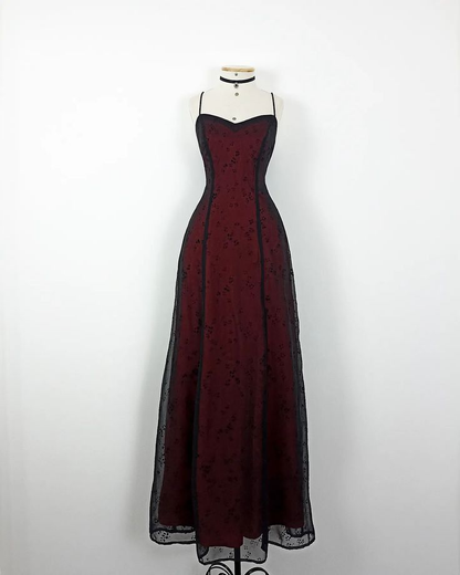 ✨Girlhomeshops-Burgundy Sweetheart Flocked Floral Tulle A-Line Gothic Formal Prom Gown gh10275