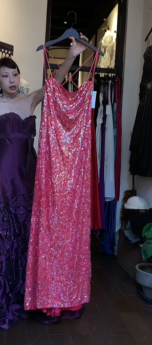 Hot Pink Spaghetti Straps Cowl Neck Fully Sequin Cross Back Long Evening Prom Dress gh9764