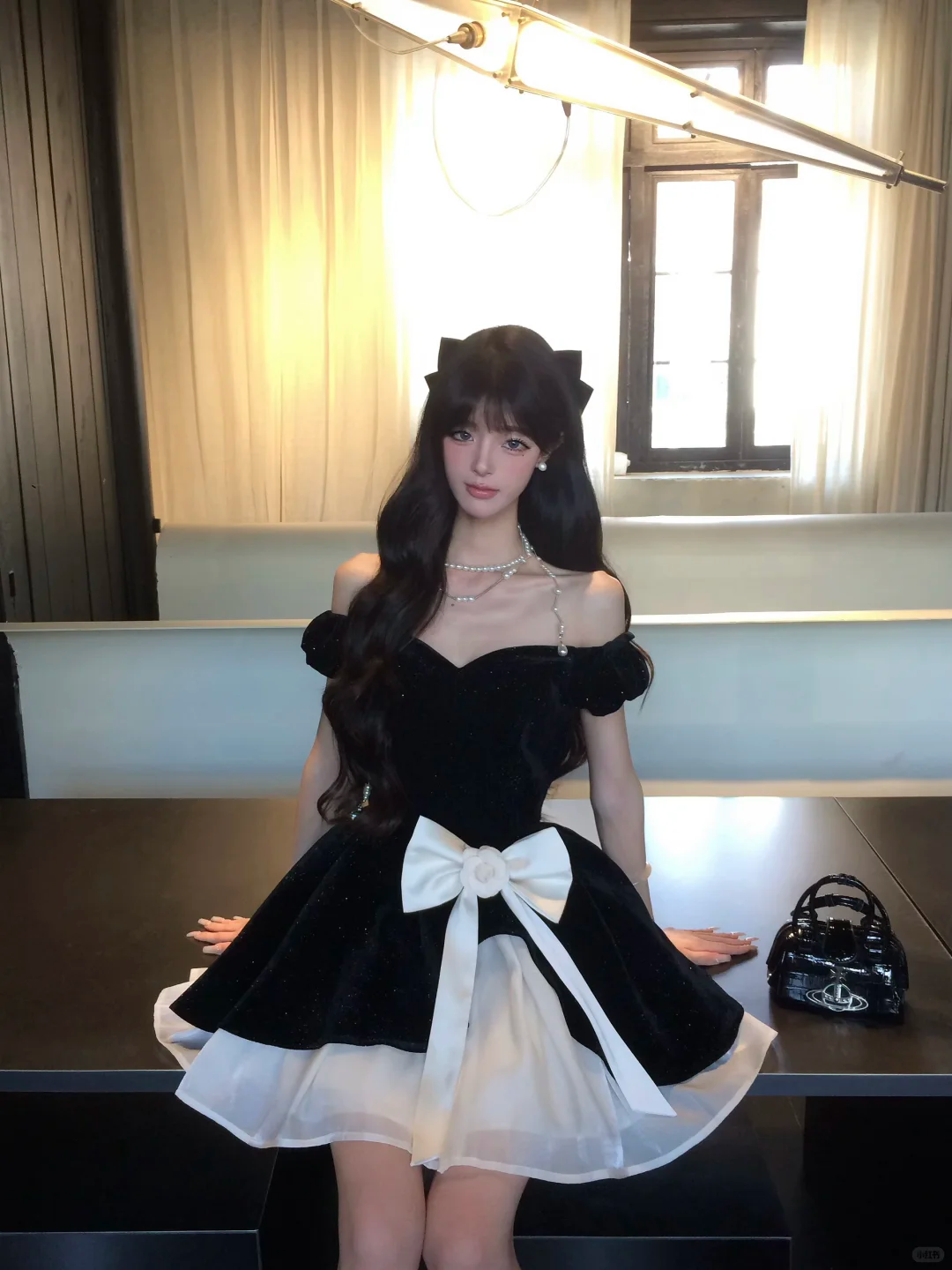Women Vintage Black Off Shoulder Velvet Homecoming Dress Heart Neck Puff Sleeve Big White Bow Layered Skirt Short Prom Gown gh9435