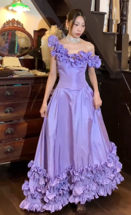 Lavender Off Shoulder Ruffle Satin A Line Long Evening Prom Dress gh9781