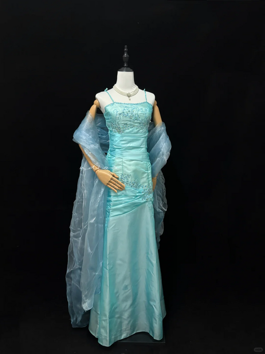 Mint Green Satin Spaghetti Strap Slim Fit Cinched Waist Elegant Long Romantic Gown gh7944