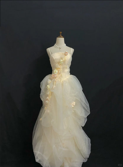 Pale Yellow Spaghetti Strap Long Elegant Romantic Gown, Cinched Waist With Vintage Rose Details, Wedding Dress & Bridal Gown gh8295