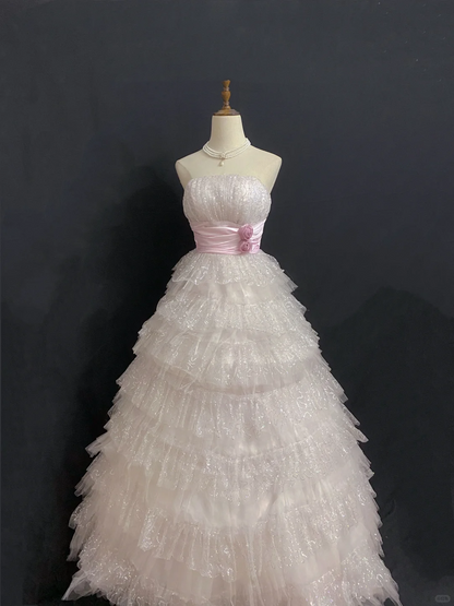 Blush Pink Strapless Long Romantic Wedding Dress, Sequin Details, Cinched Waist, Voluminous Tiered Cake Skirt gh8345