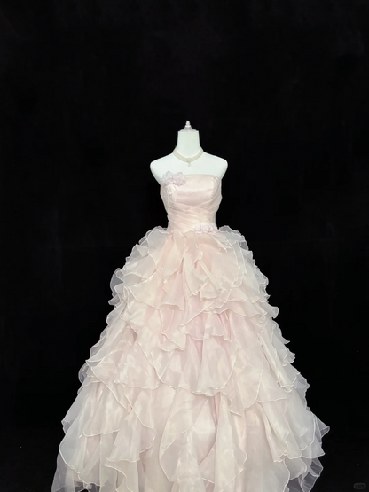 Blush Pink Strapless with Floral Details, Cinched Waist, Voluminous Wavy Skirt Long Romantic Dress, Wedding Gown gh8080