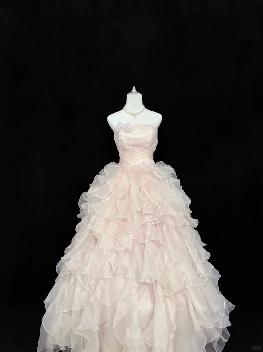 Blush Pink Strapless with Floral Details, Cinched Waist, Voluminous Wavy Skirt Long Romantic Dress, Wedding Gown gh8080