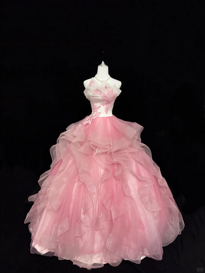 Pink Strapless Cinched Waist Voluminous Princess Skirt Long Romantic Dress, Wedding Gown gh7895