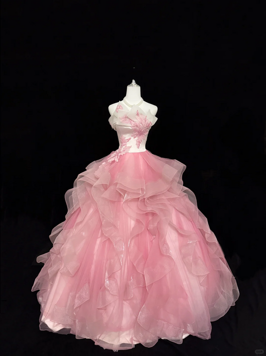 Pink Strapless Cinched Waist Voluminous Princess Skirt Long Romantic Dress, Wedding Gown gh7895
