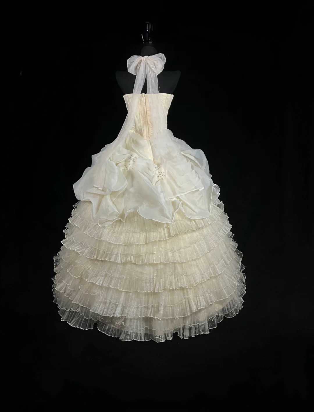 Pale Apricot Halter Neck, Waist-Cinched Slim Evening Gown with Tiered Ruffle Skirt for Parties & Balls gh7160