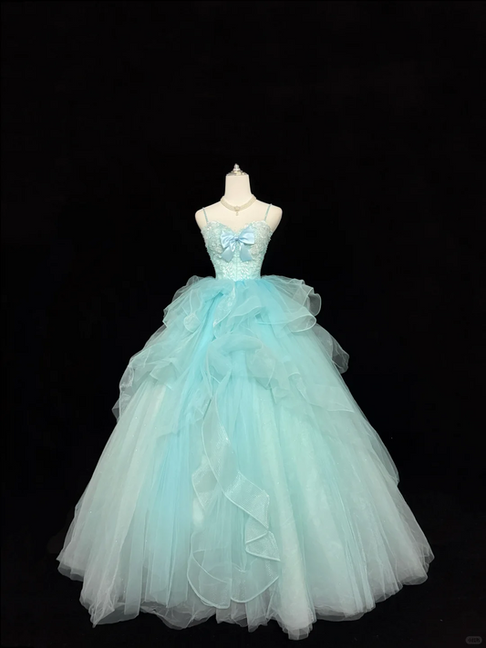 Light Lake Blue Spaghetti Straps Cinched Waist Voluminous Princess Skirt Romantic Dress, Wedding Gown gh7858