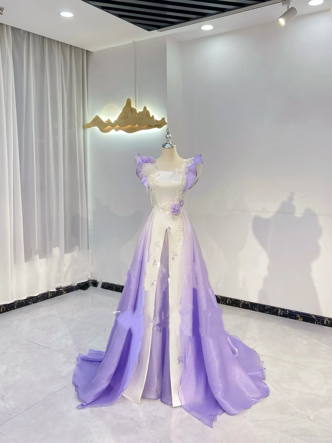 Light Purple Gradient Spliced White Waist-Cinched Fitted Elegant Evening Dress, Fairy Gown, Romantic Gown gh7412