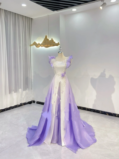 Light Purple Gradient Spliced White Waist-Cinched Fitted Elegant Evening Dress, Fairy Gown, Romantic Gown gh7412