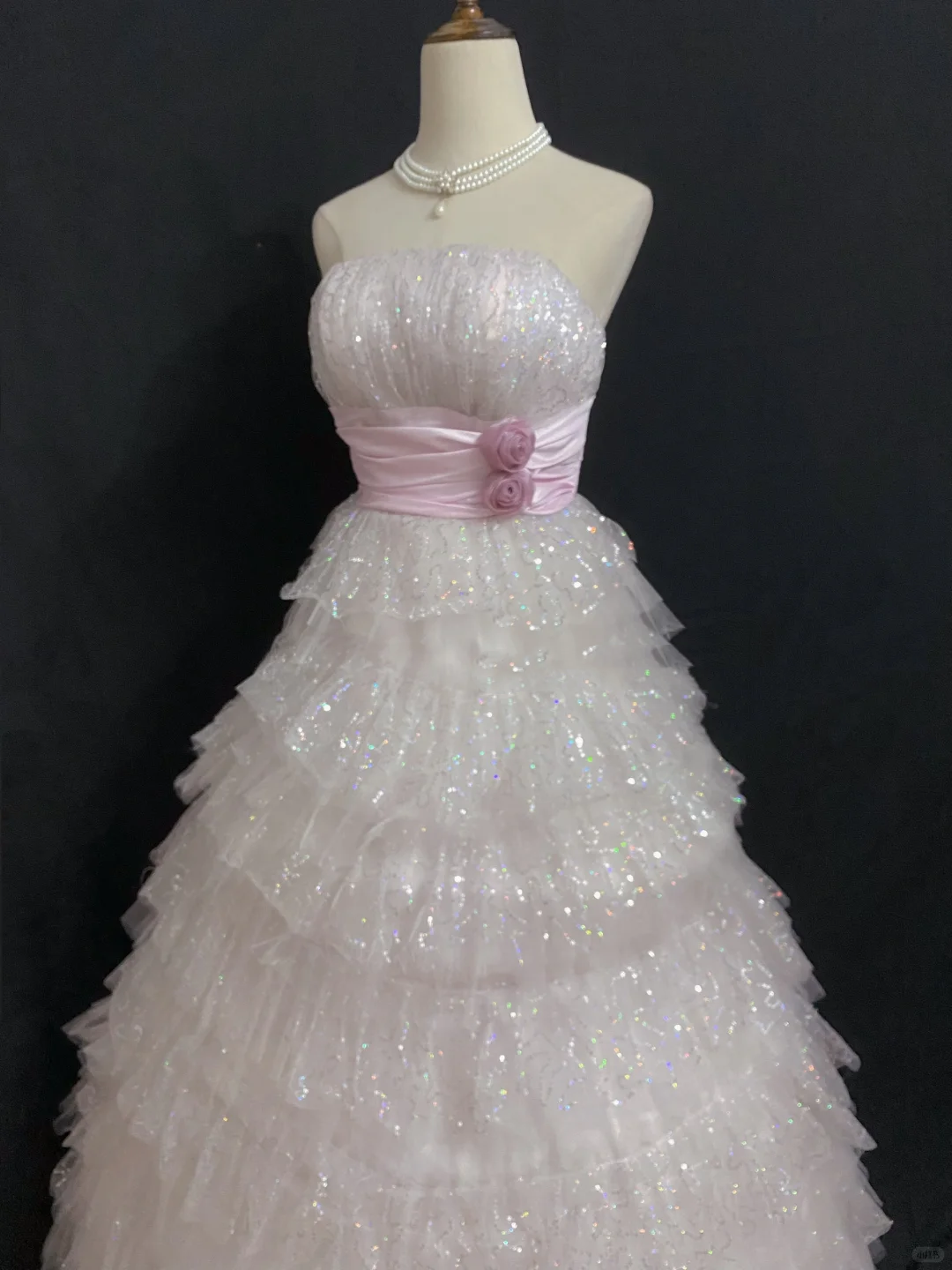 Blush Pink Strapless Long Romantic Wedding Dress, Sequin Details, Cinched Waist, Voluminous Tiered Cake Skirt gh8345