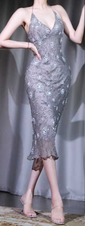 ✨Girlhomeshops-Grey Halter V Neck Midi Party Dress Floral Embroidered Sequin Beaded Sheer Mesh Evening Gown gh10059