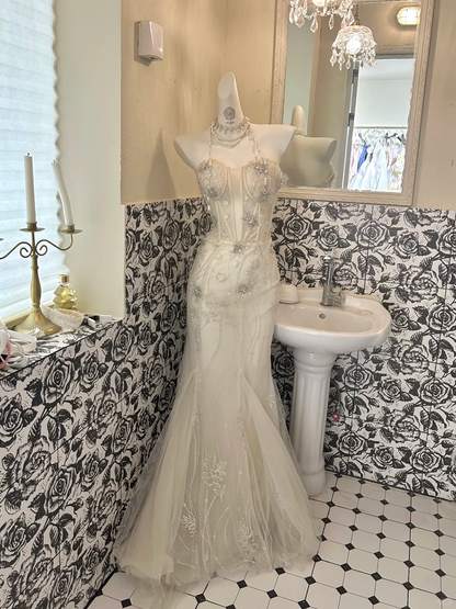 Ivory Strapless Waist-Cinched Slim Fit Hip-Hugging Sexy Mermaid Skirt Romantic Dress, Wedding Gown gh7694