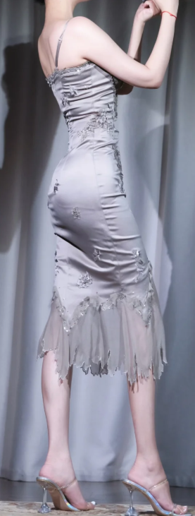 ✨Girlhomeshops-Silver Grey 3D Floral Beaded Spaghetti Strap Midi Mermaid Cocktail Dress gh10024