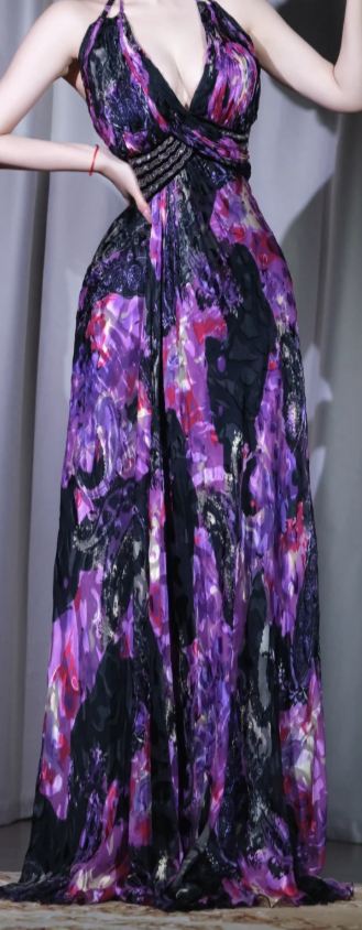 ✨Girlhomeshops-Halter Purple Black Print Long Evening Dress Deep V Beaded Waist Chiffon Maxi Gown gh10050