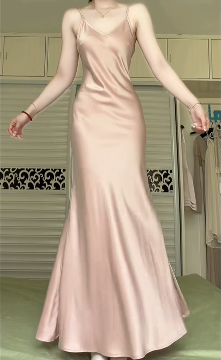 Blush Pink Satin V‑Neck Spaghetti Strap Long Evening Gown, Mermaid Skirt With Side Slit Formal Prom Dress gh9006