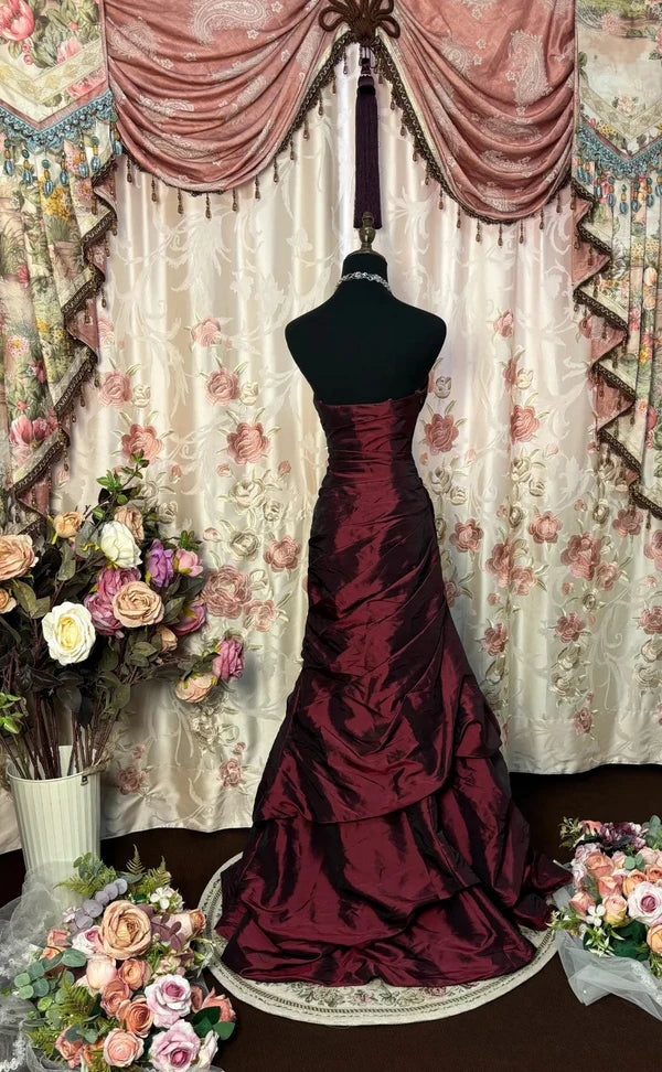 Robe de soirée bordeaux rétro élégante et exquise, à épaules dénudées, sans manches, en satin, longueur au sol, avec strass, gh4210