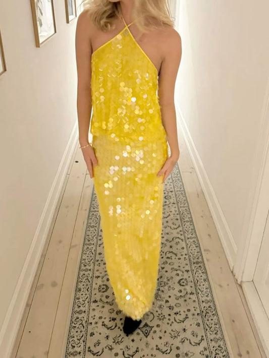 Yellow shiny fashion sequins two-piece suit long seaside holiday travel party dress gh4860