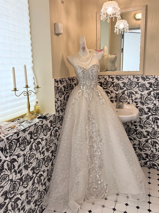Ivory Gown With Silver Decorations, Waist-Cinched Full Flared Skirt Romantic Dress, Wedding Gown gh7654