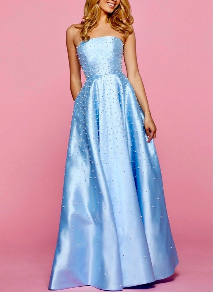 Blau mode elegante exquisite perle perlen lange satin ballkleid abendkleid gh3308