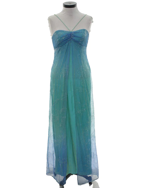 Blau glänzend Mode Farbverlauf Gold Spray Retro elegante Sling lange Tüll Ballkleid Abendkleid Partykleid gh3458