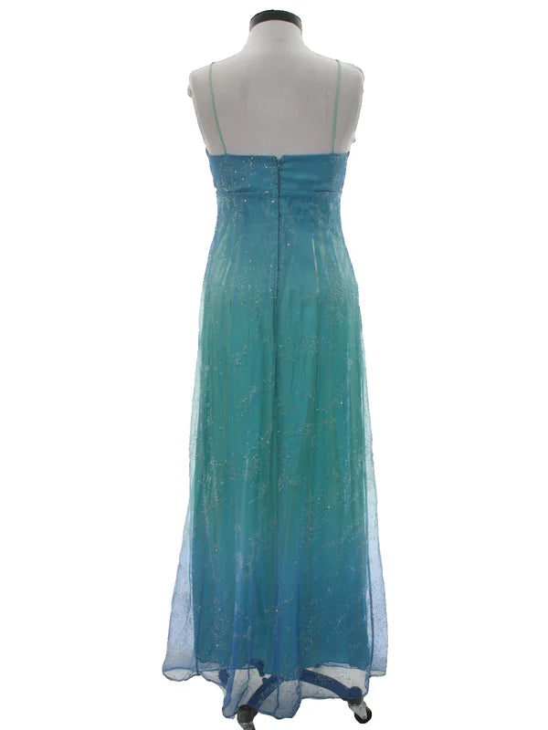 Blau glänzend Mode Farbverlauf Gold Spray Retro elegante Sling lange Tüll Ballkleid Abendkleid Partykleid gh3458