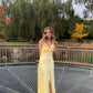 Yellow Fashion V-neck Spaghetti Straps Elegant Long Satin Back lace-up Ball Gown Evening Dress Party Dress gh3160