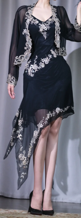 ✨Girlhomeshops-Black 2-Piece Party Dress V Neck Silver White Floral Embroidery Beaded Irregular Hem Tulle Evening Gown gh10069
