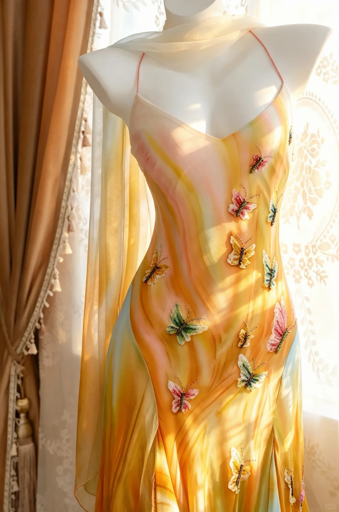 Women Gradient Orange Long Evening Dress Spaghetti Straps 3D Butterfly Floral Appliques Irregular Ruffled Skirt with Matching Sheer Shawl gh9565