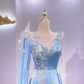 Light Blue Elegant Evening Dress with Unique Rhinestone Neckline, Waist-Cinched Slim Fit, Fairy Gown, Romantic Gown gh7413