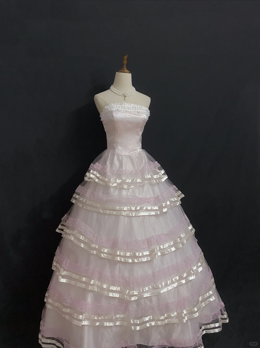 Blush Pink Strapless Long Romantic Gown with Cinched Waist and Voluminous Princess Skirt, Wedding Bridal Dress gh8346