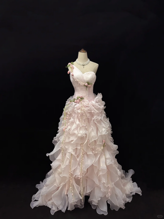 Blush Pink One-Shoulder Girly Elegant Cinched Waist Tiered Skirt Long Vintage Romantic Dress, Wedding Gown gh7985