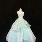 Light Blue and White Color Block Strapless Cinched Waist Voluminous Princess Skirt Romantic Dress, Wedding Gown gh7859