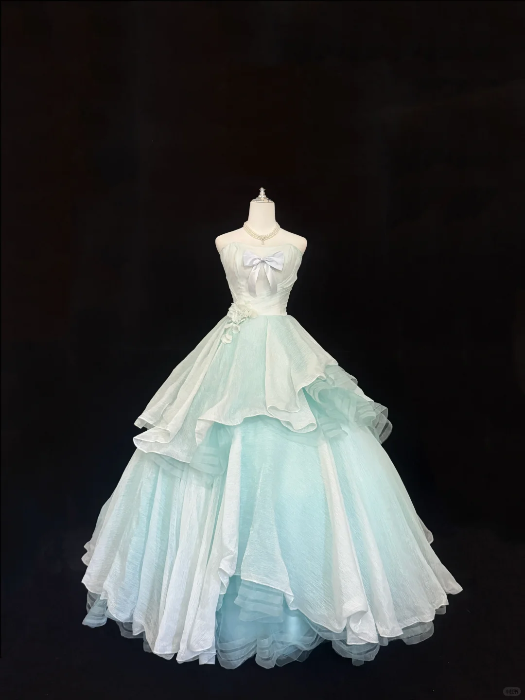 Light Blue and White Color Block Strapless Cinched Waist Voluminous Princess Skirt Romantic Dress, Wedding Gown gh7859