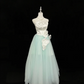 White Satin Strapless Cinched Waist Mint Green Skirt Elegant Long Romantic Gown gh7945