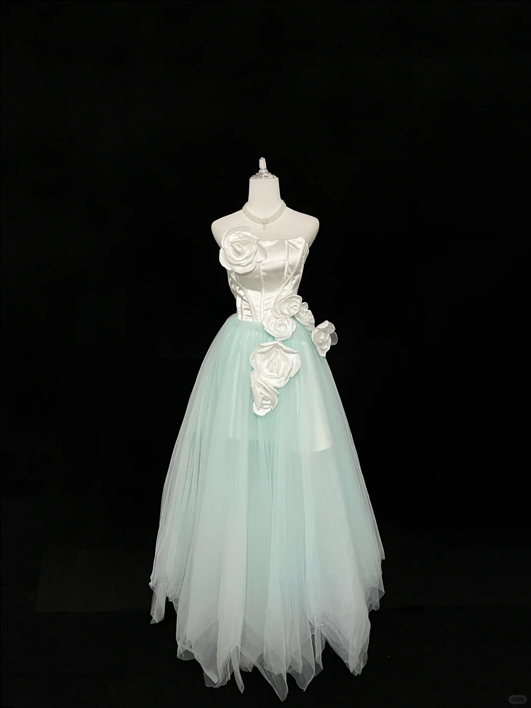 White Satin Strapless Cinched Waist Mint Green Skirt Elegant Long Romantic Gown gh7945