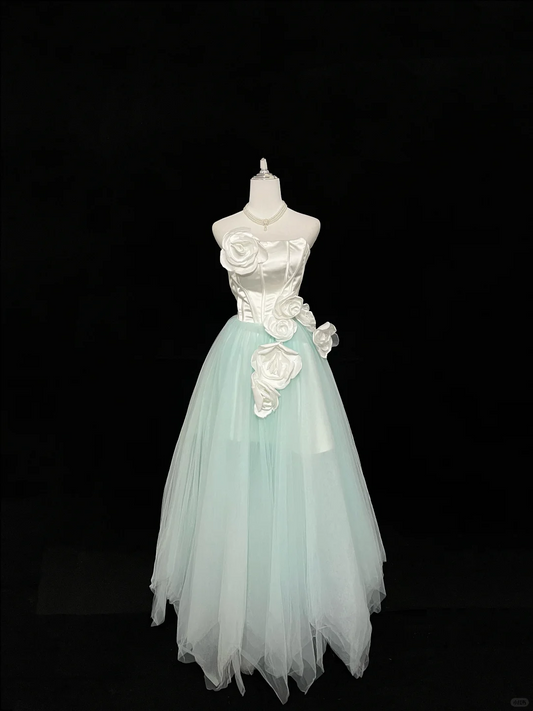 White Satin Strapless Cinched Waist Mint Green Skirt Elegant Long Romantic Gown gh7945
