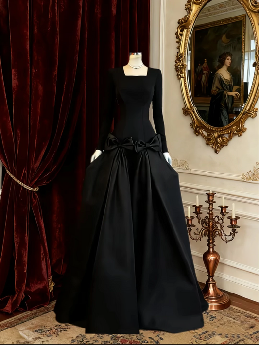 Luxury Square Neck Long Sleeve Waist-Cinched Fitted Full Flared Long Evening Dress, Fairy Gown, Romantic Gown gh7491