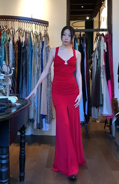 Wide Strap V Neck Bright Red Evening Gown Ruched Bodice Front Slit Mermaid Long Prom Dress gh9698