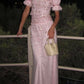 Robe deux-pièces rose en tulle à manches courtes et perles | Robe maxi élégante et luxueuse à encolure carrée découpée, idéale pour une soirée de gala gh6465