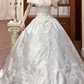 White Vintage Satin Ball Gown Wedding Prom Dress, V‑Neck Lace Cape Sleeves, Baroque Lace Appliqués, A‑Line Long Train gh8696
