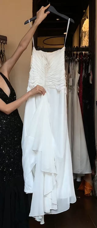 Spaghetti Strap White Prom Dress Twist Ruched Rhinestone Beaded High Low Chiffon Evening Gown gh9828