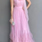 Rosa langes Ballkleid aus Tüll mit Hosenträgern und Schleife, Abendkleid für Hochzeitsgäste, Brautjungfernkleid gh3102