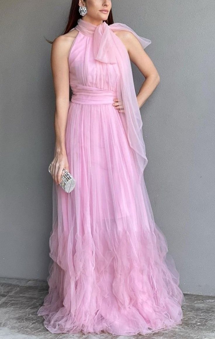 Rosa langes Ballkleid aus Tüll mit Hosenträgern und Schleife, Abendkleid für Hochzeitsgäste, Brautjungfernkleid gh3102