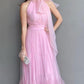 Rosa langes Ballkleid aus Tüll mit Hosenträgern und Schleife, Abendkleid für Hochzeitsgäste, Brautjungfernkleid gh3102