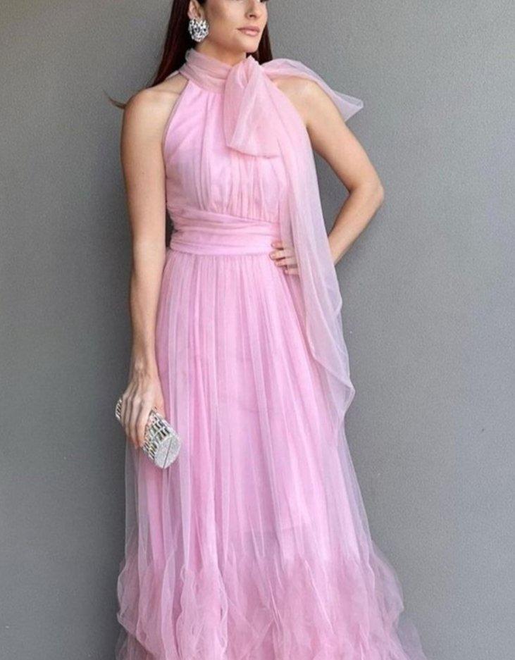 Rosa langes Ballkleid aus Tüll mit Hosenträgern und Schleife, Abendkleid für Hochzeitsgäste, Brautjungfernkleid gh3102