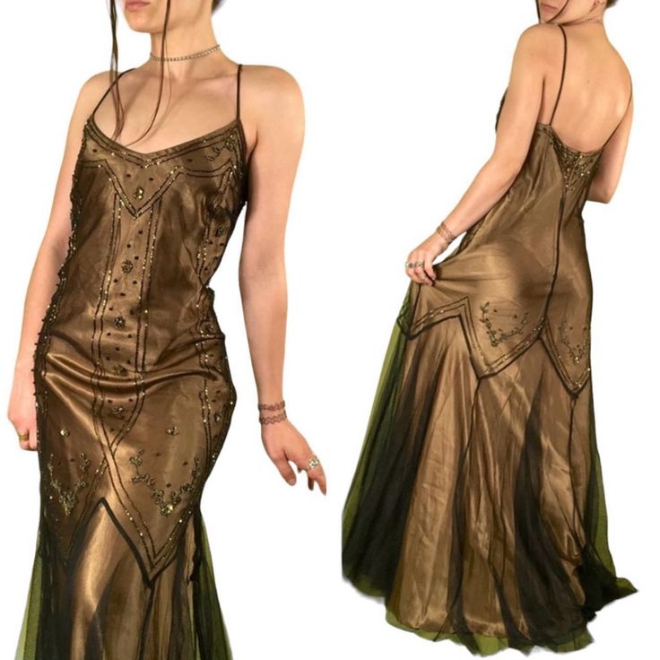 Robe de soirée longue en mousseline de soie, satin et tulle, élégante et raffinée, style vintage, marron doré, avec perles, gh3723
